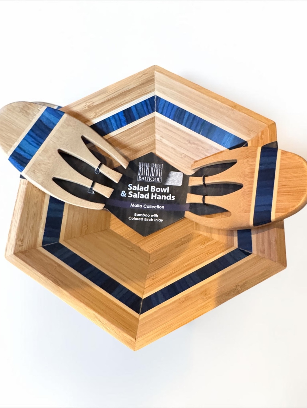 Bamboo Salad Bowl Set with Blue Inlay and Matching Salad Hands – MCM Style